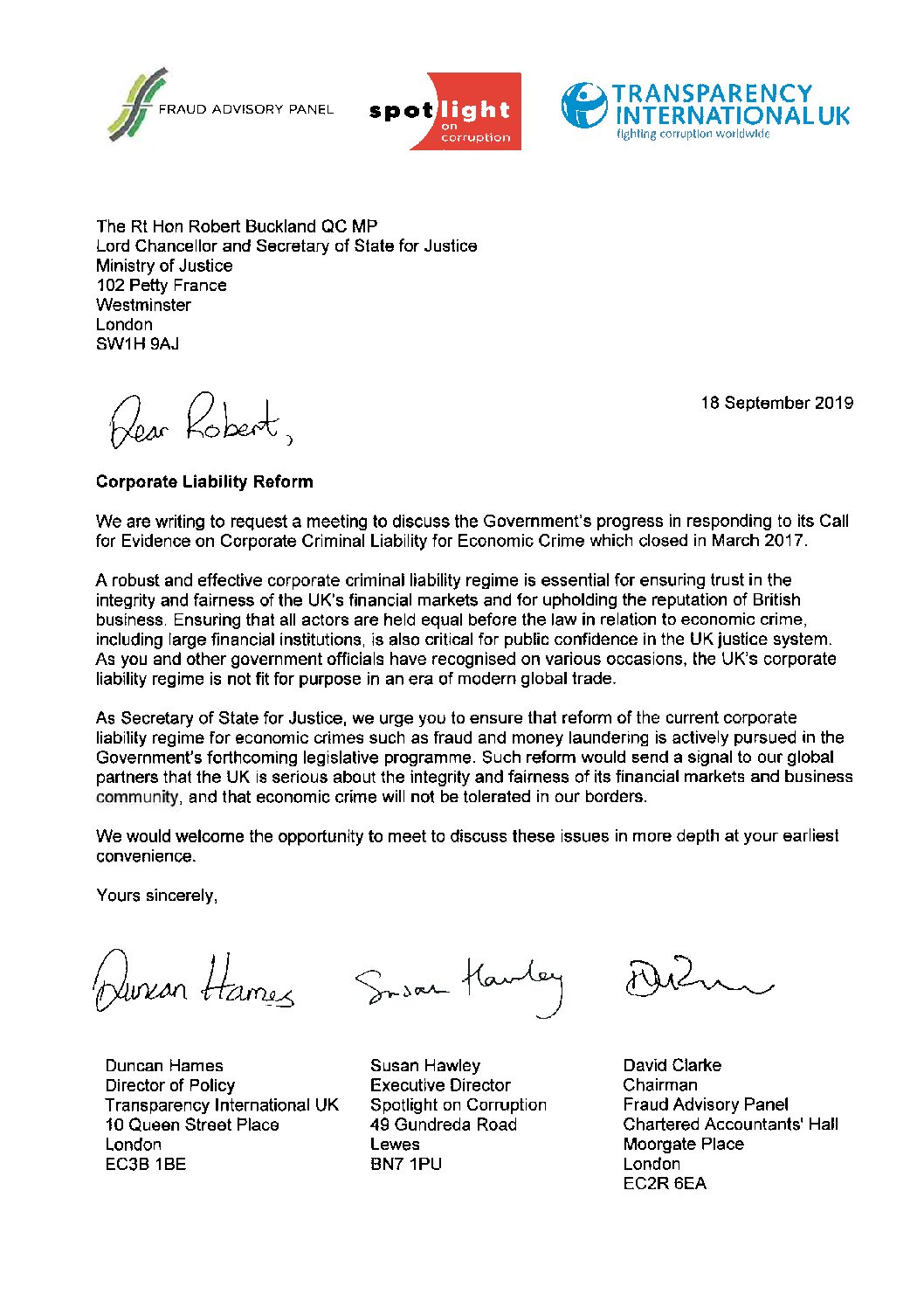 Letter to Lord Chancellor (Corporate Liability Reform) 18Sep19 document cover